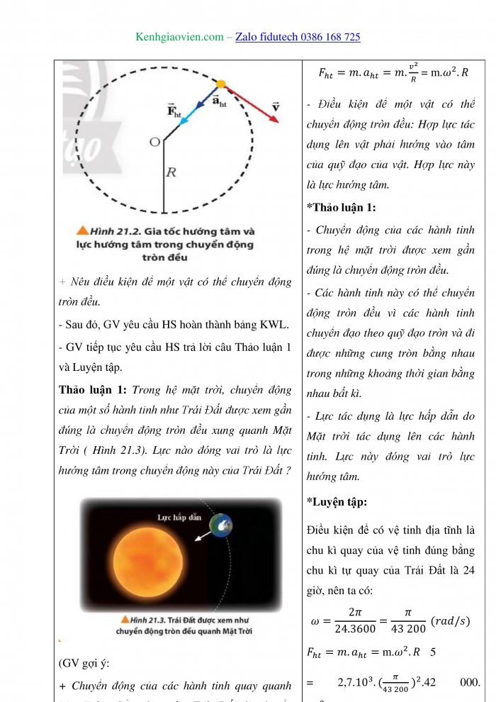 Giáo án và PPT Vật lí 10 chân trời Bài 21: Động lực học của chuyển động tròn. Lực hướng tâm
