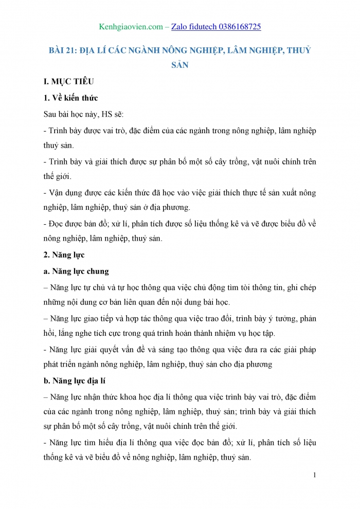 Giáo án và PPT Địa lí 10 cánh diều Bài 21: Địa lí các ngành nông nghiệp, lâm nghiệp, thuỷ sản