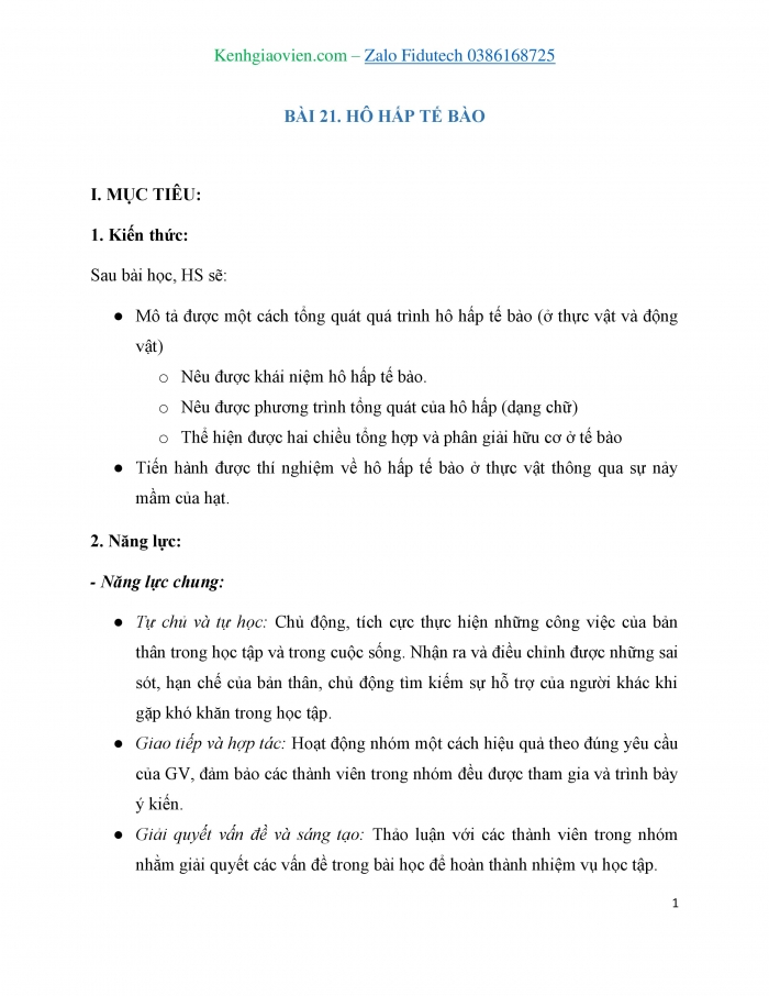 Giáo án và PPT KHTN 7 cánh diều Bài 21: Hô hấp tế bào