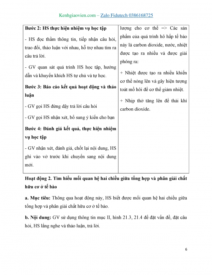 Giáo án và PPT KHTN 7 cánh diều Bài 21: Hô hấp tế bào