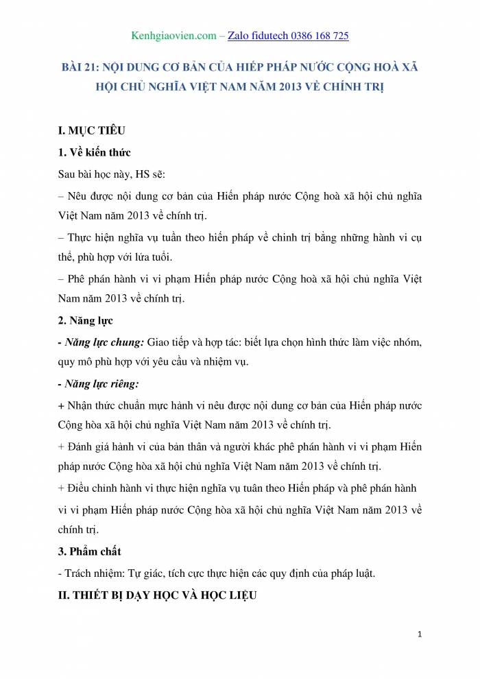 Giáo án và PPT Kinh tế pháp luật 10 chân trời Bài 21: Nội dung cơ bản của Hiến pháp nước Cộng hoà xã hội chủ nghĩa Việt Nam năm 2013 về chính trị