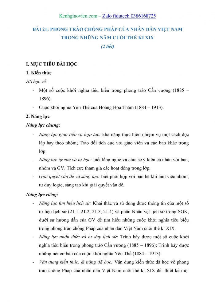 Giáo án và PPT Lịch sử 8 chân trời Bài 21: Phong trào chống Pháp của nhân dân Việt Nam trong những năm cuối thế kỉ XIX