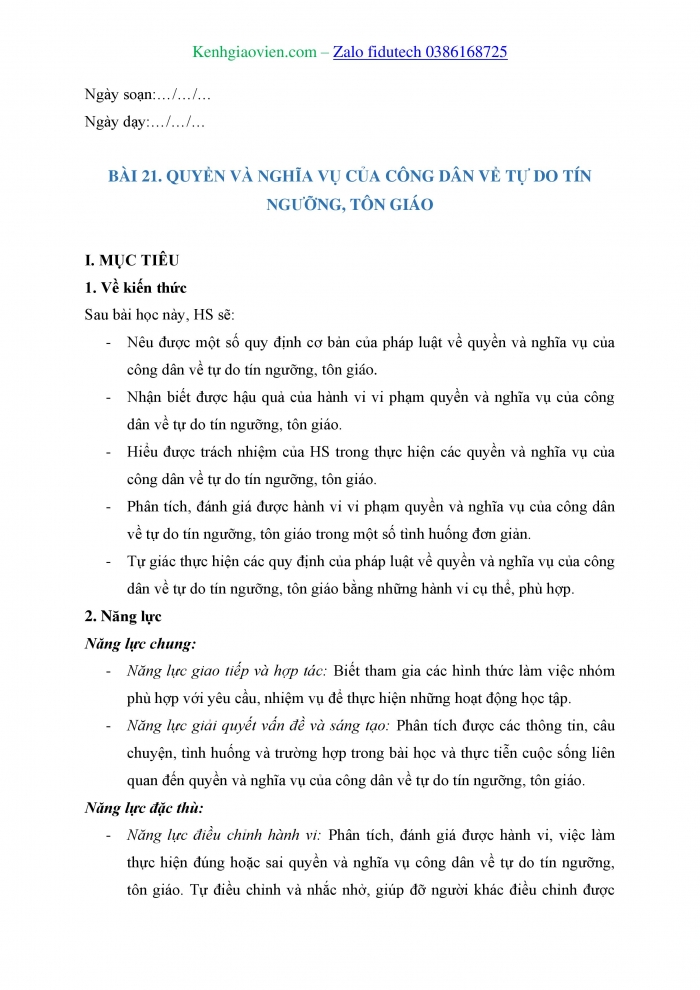 Giáo án và PPT Kinh tế pháp luật 11 cánh diều Bài 21: Quyền và nghĩa vụ công dân về tự do tín ngưỡng, tôn giáo