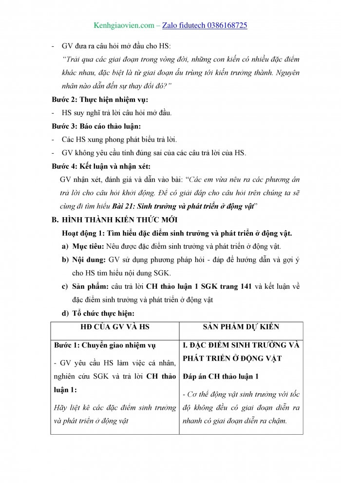 Giáo án và PPT Sinh học 11 chân trời Bài 21: Sinh trưởng và phát triển ở động vật