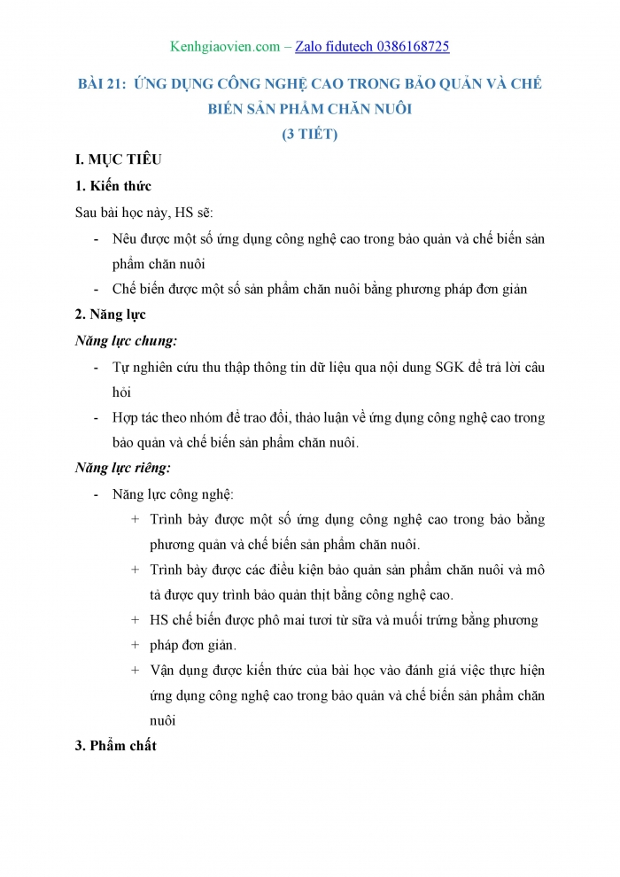 Giáo án và PPT Công nghệ chăn nuôi 11 cánh diều Bài 21: Ứng dụng công nghệ cao trong bảo quản và chế biến sản phẩm chăn nuôi