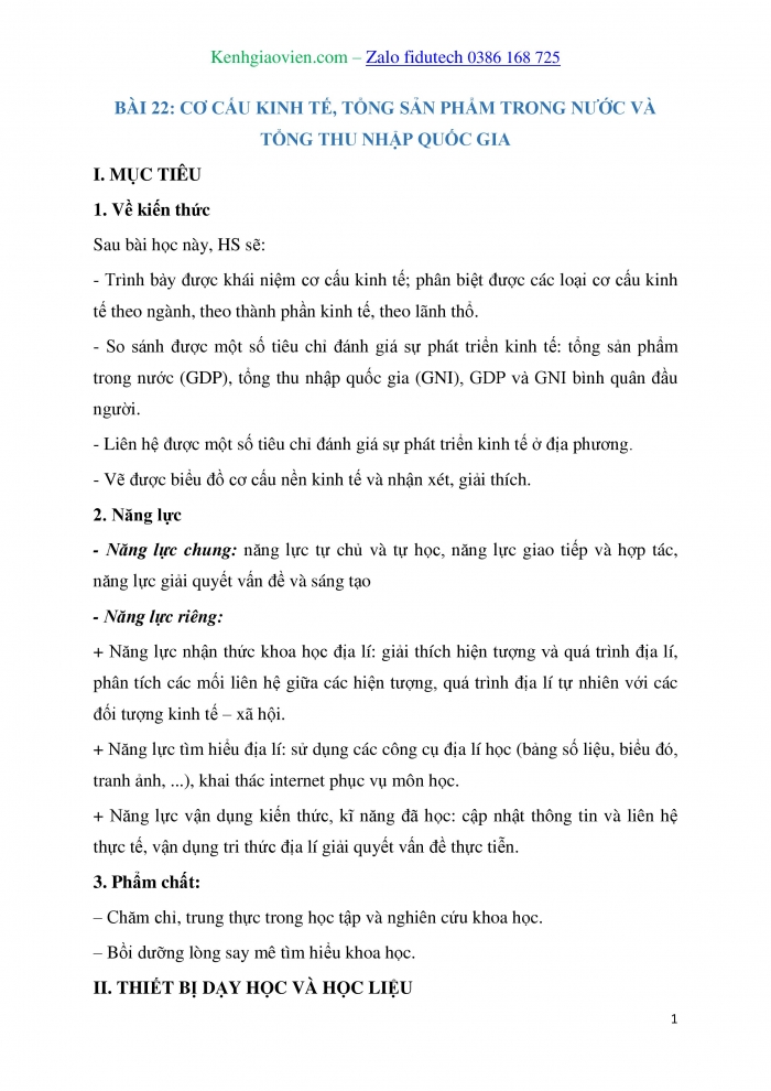 Giáo án và PPT Địa lí 10 kết nối Bài 22: Cơ cấu kinh tế, tổng sản phẩm trong nước và tổng thu nhập quốc gia