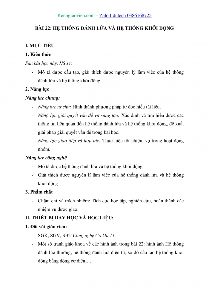 Giáo án và PPT Công nghệ cơ khí 11 cánh diều Bài 22: Hệ thống đánh lửa và hệ thống khởi động