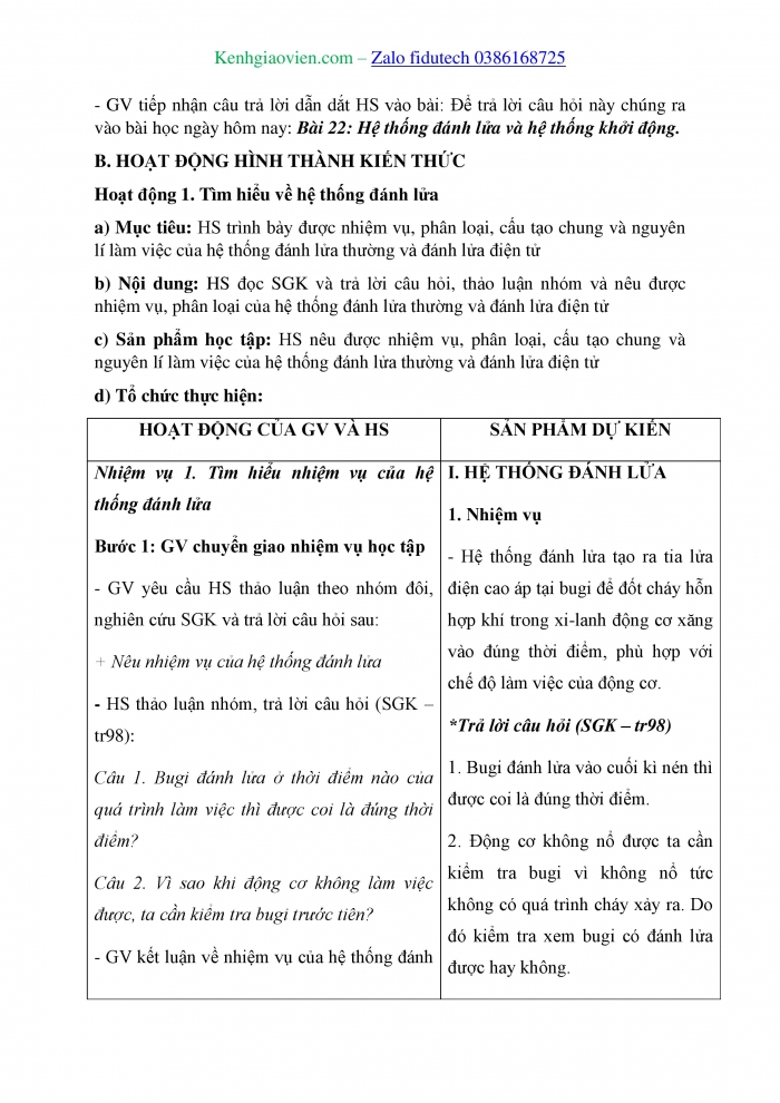 Giáo án và PPT Công nghệ cơ khí 11 cánh diều Bài 22: Hệ thống đánh lửa và hệ thống khởi động