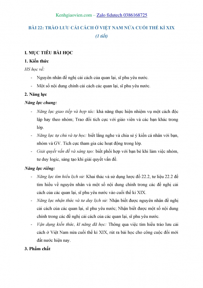 Giáo án và PPT Lịch sử 8 chân trời Bài 22: Trào lưu cải cách ở Việt Nam nửa cuối thế kỉ XIX