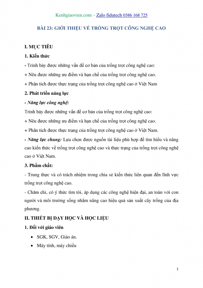 Giáo án và PPT Công nghệ trồng trọt 10 kết nối Bài 23: Giới thiệu về trồng trọt công nghệ cao