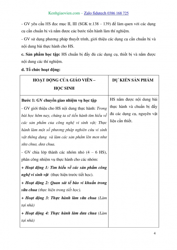 Giáo án và PPT Sinh học 10 kết nối Bài 23 Thực hành: Một số phương pháp nghiên cứu vi sinh vật thông dụng, tìm hiểu về các sản phẩm công nghệ vi sinh vật và làm một số sản phẩm lên men từ vi sinh vật