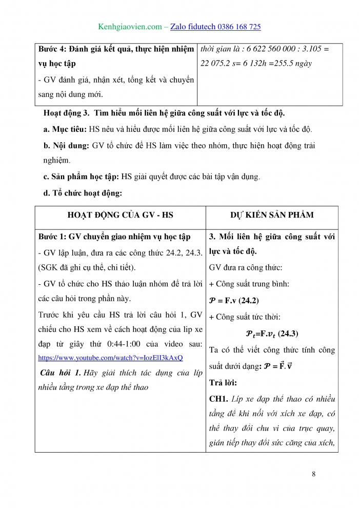 Giáo án và PPT Vật lí 10 kết nối Bài 24: Công suất