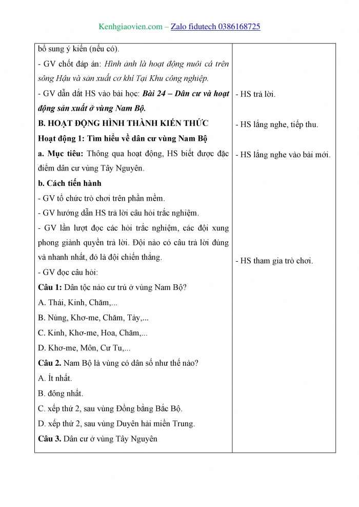 Giáo án và PPT Lịch sử và Địa lí 4 chân trời Bài 24: Dân cư và hoạt động sản xuất ở vùng Nam Bộ