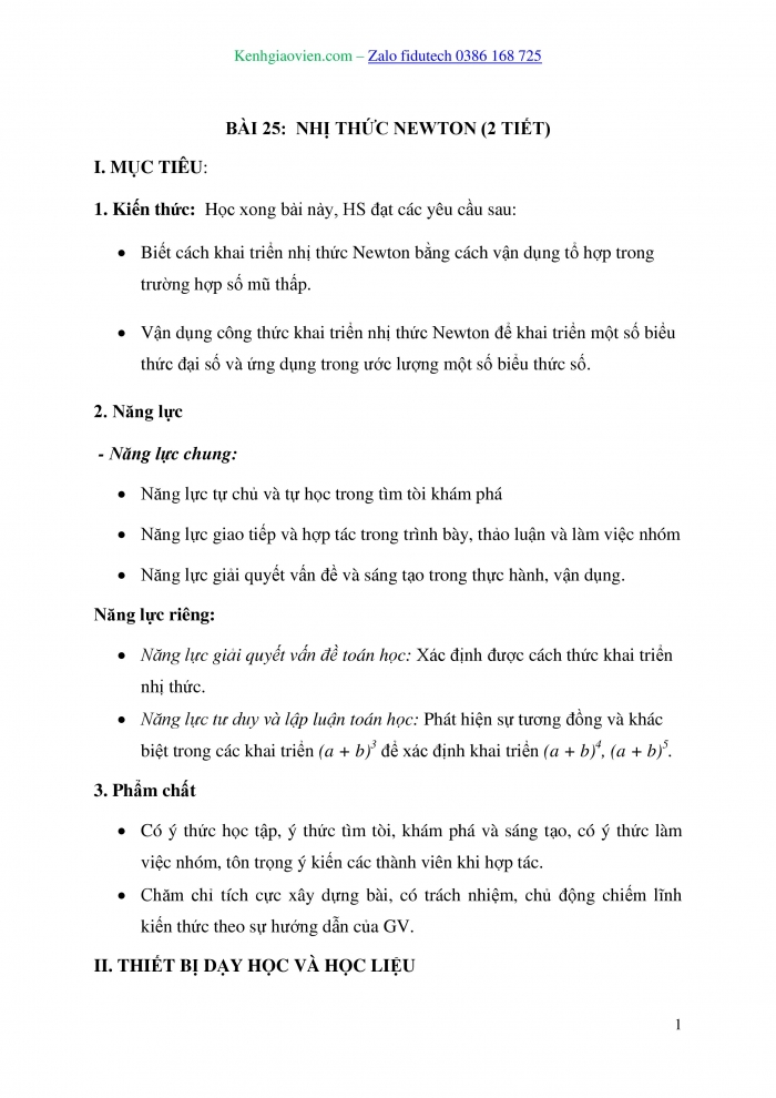 Giáo án và PPT Toán 10 kết nối Bài 25: Nhị thức Newton