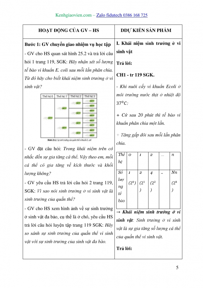 Giáo án và PPT Sinh học 10 chân trời Bài 25: Sinh trưởng và sinh sản ở vi sinh vật