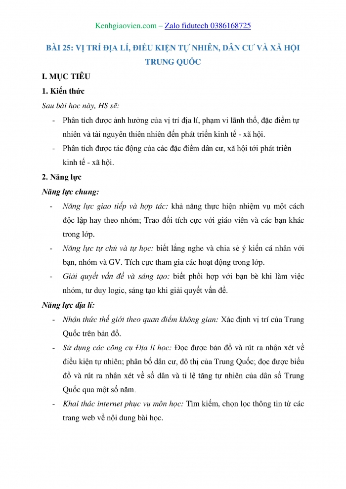 Giáo án và PPT Địa lí 11 chân trời Bài 25: Vị trí địa lí, điều kiện tự nhiên, dân cư và xã hội Trung Quốc