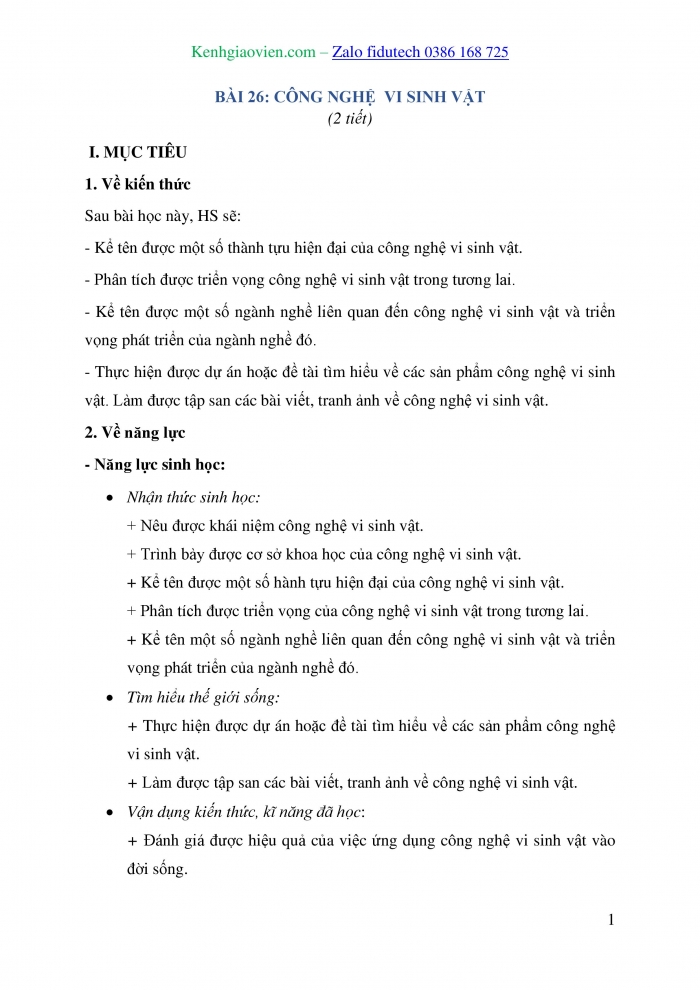 Giáo án và PPT Sinh học 10 chân trời Bài 26: Công nghệ vi sinh vật