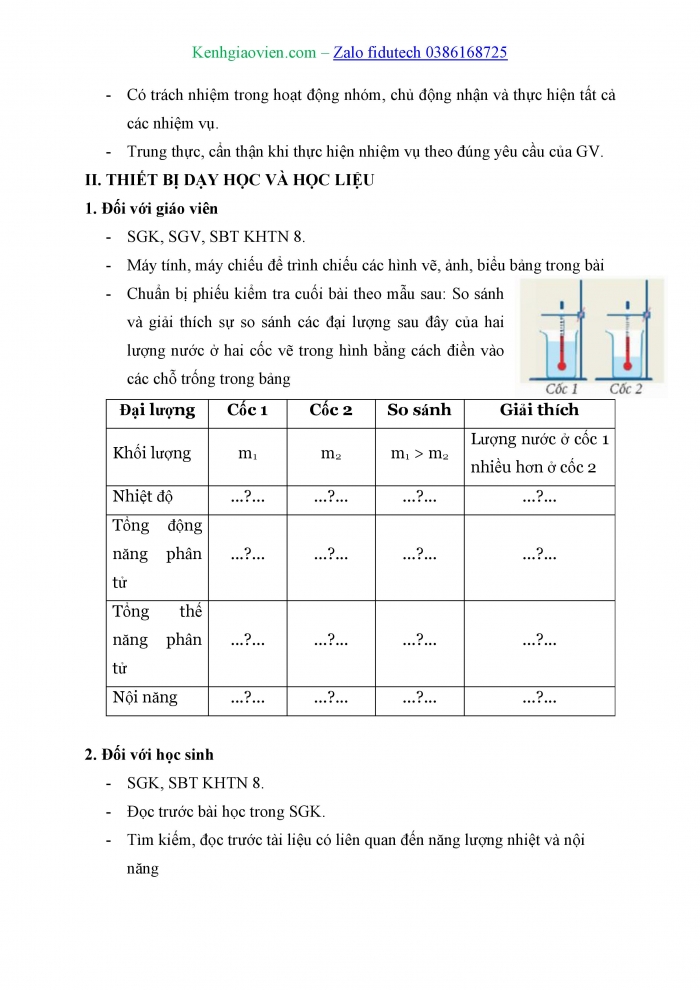 Giáo án và PPT KHTN 8 kết nối Bài 26: Năng lượng nhiệt và nội năng