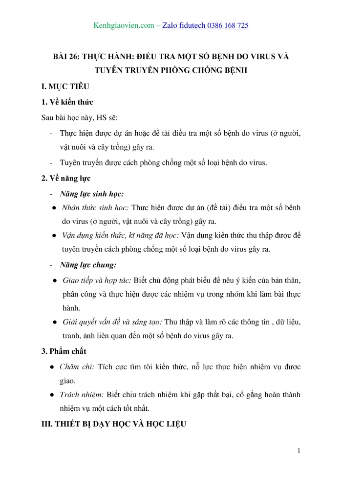 Giáo án và PPT Sinh học 10 kết nối Bài 26: Thực hành: Điều tra một số bệnh do virus và tuyên truyền phòng chống bệnh