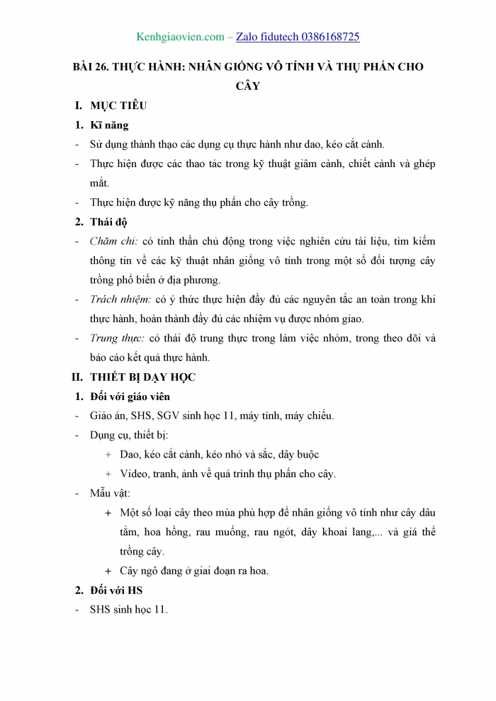 Giáo án và PPT Sinh học 11 kết nối Bài 26: Thực hành Nhân giống vô tính và thụ phấn cho cây