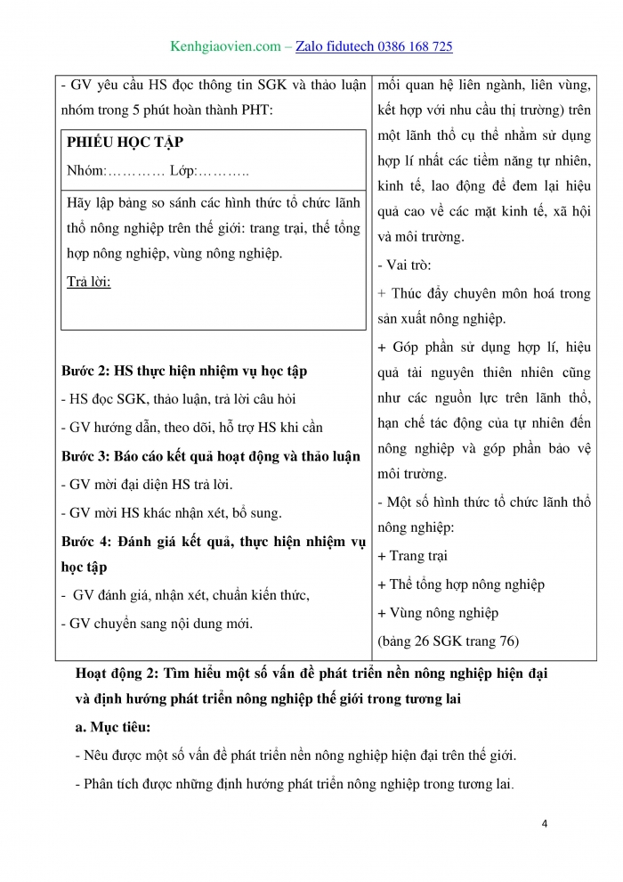 Giáo án và PPT Địa lí 10 kết nối Bài 26: Tổ chức lãnh thổ nông nghiệp, một số vấn đề phát triển nông nghiệp hiện đại trên thế giới và định hướng phát triển nông nghiệp trong tương lai