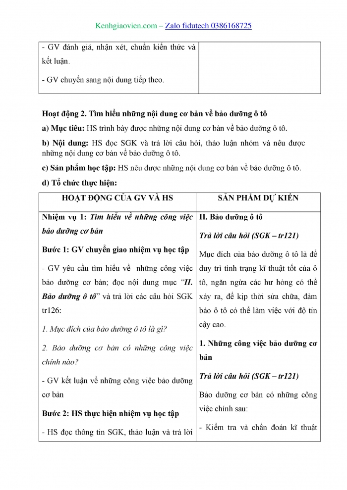 Giáo án và PPT Công nghệ cơ khí 11 cánh diều Bài 27: Sử dụng và bảo dưỡng ô tô
