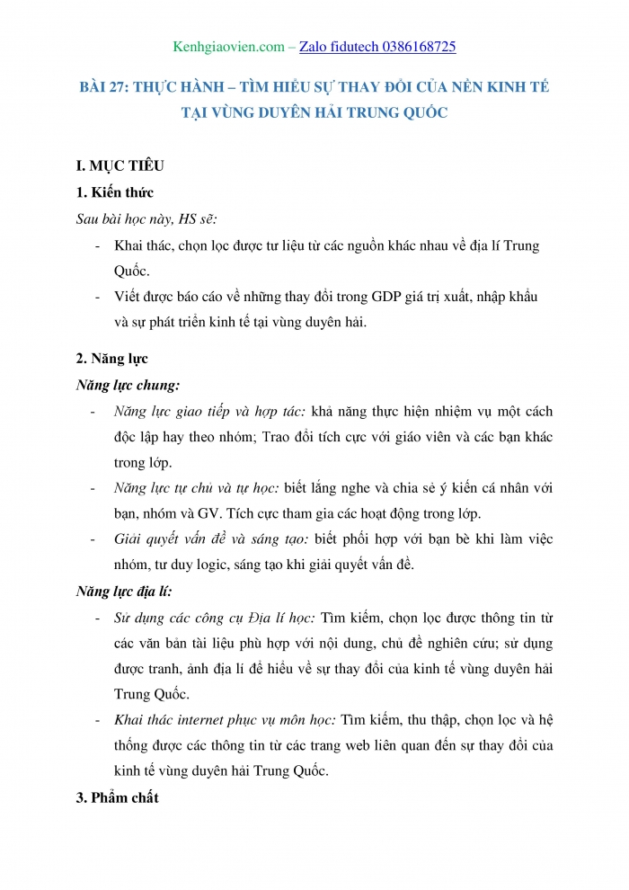 Giáo án và PPT Địa lí 11 chân trời Bài 27: Thực hành Tìm hiểu sự thay đổi của nền kinh tế tại vùng duyên hải Trung Quốc