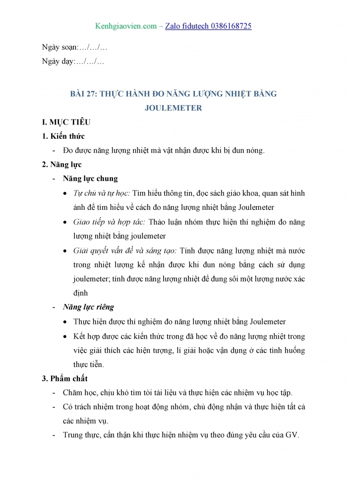 Giáo án và PPT KHTN 8 kết nối Bài 27: Thực hành đo năng lượng nhiệt bằng joulemeter