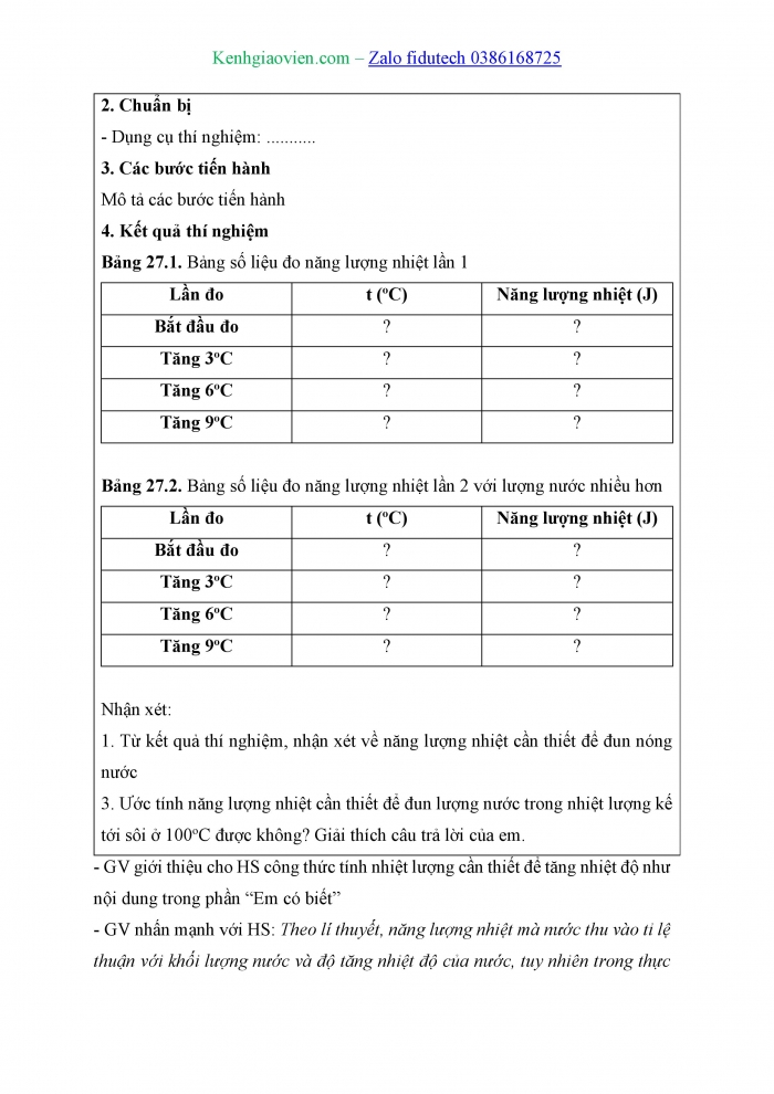 Giáo án và PPT KHTN 8 kết nối Bài 27: Thực hành đo năng lượng nhiệt bằng joulemeter