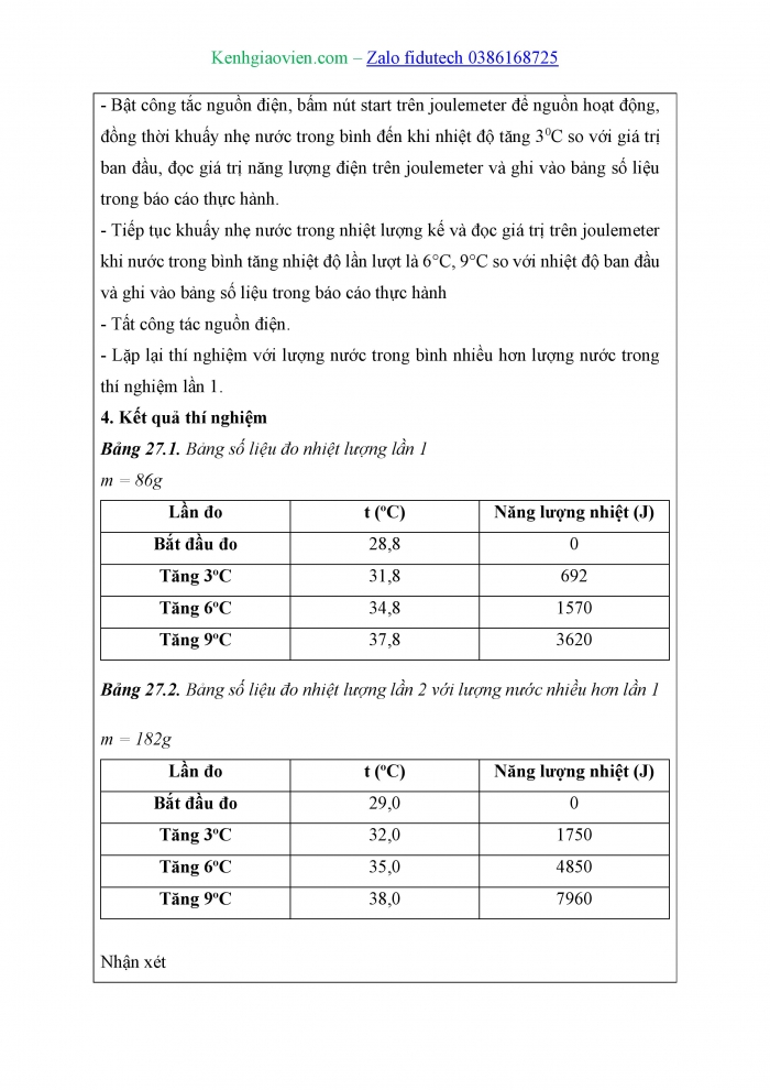 Giáo án và PPT KHTN 8 kết nối Bài 27: Thực hành đo năng lượng nhiệt bằng joulemeter