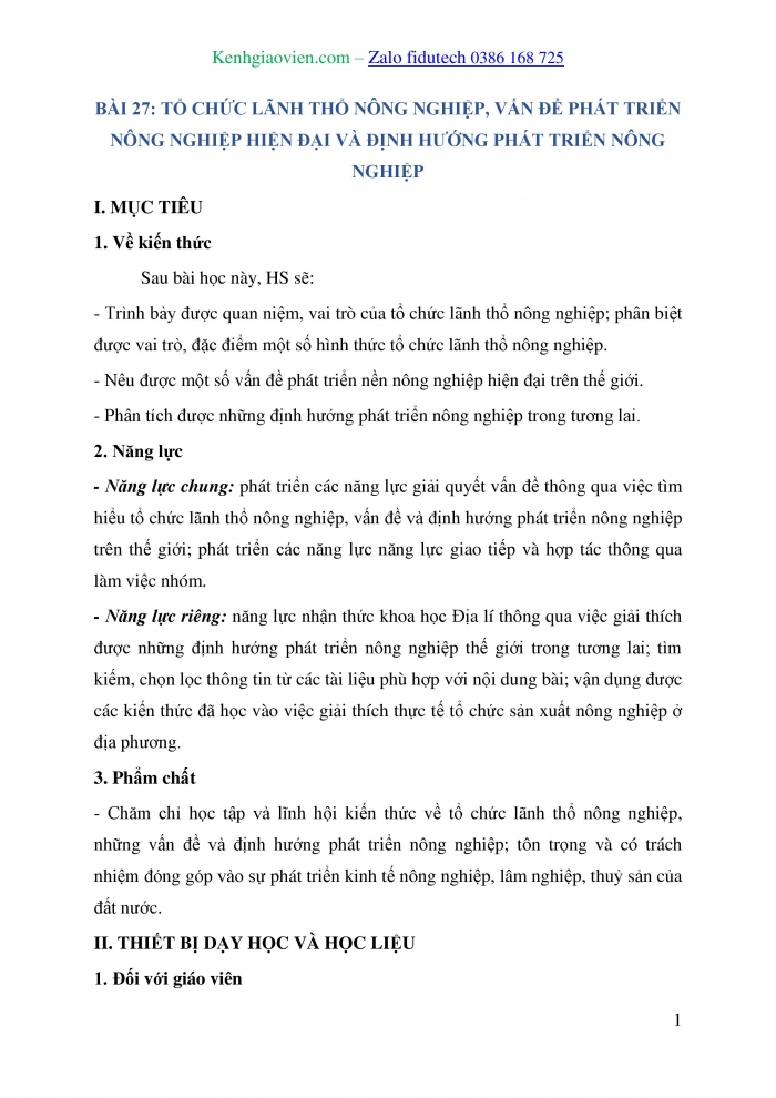 Giáo án và PPT Địa lí 10 chân trời Bài 27: Tổ chức lãnh thổ nông nghiệp, vấn đề phát triển nông nghiệp hiện đại và định hướng phát triển nông nghiệp