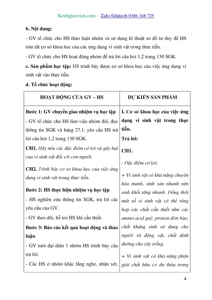 Giáo án và PPT Sinh học 10 chân trời Bài 27: Ứng dụng vi sinh vật trong thực tiễn