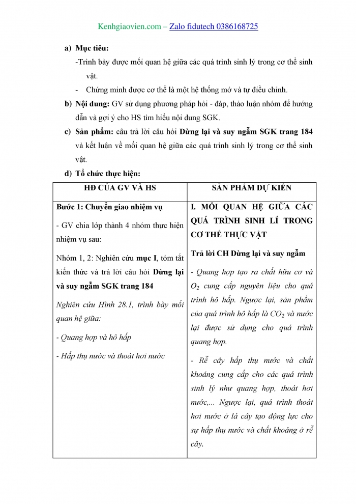 Giáo án và PPT Sinh học 11 kết nối Bài 28: Mối quan hệ giữa các quá trình sinh lí trong cơ thể sinh vật