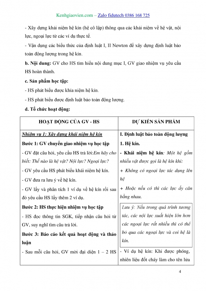 Giáo án và PPT Vật lí 10 kết nối Bài 29: Định luật bảo toàn động lượng