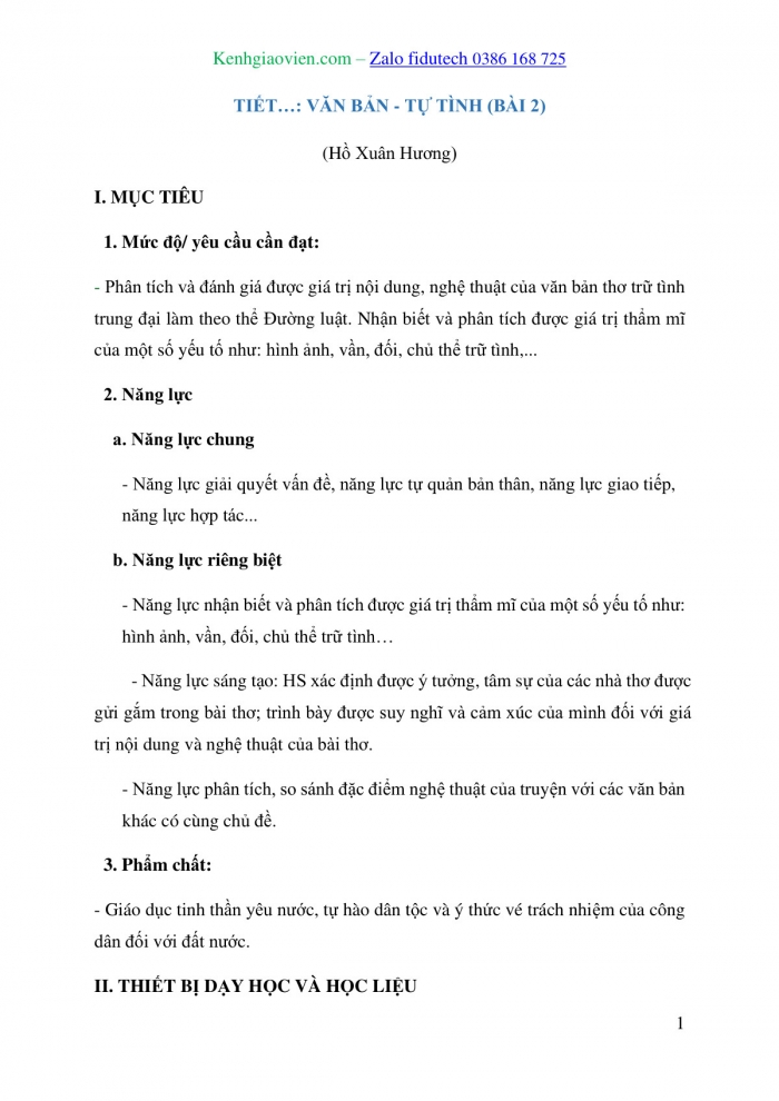 Giáo án và PPT Ngữ văn 10 cánh diều Bài 2: Tự tình (bài 2 – Hồ Xuân Hương)