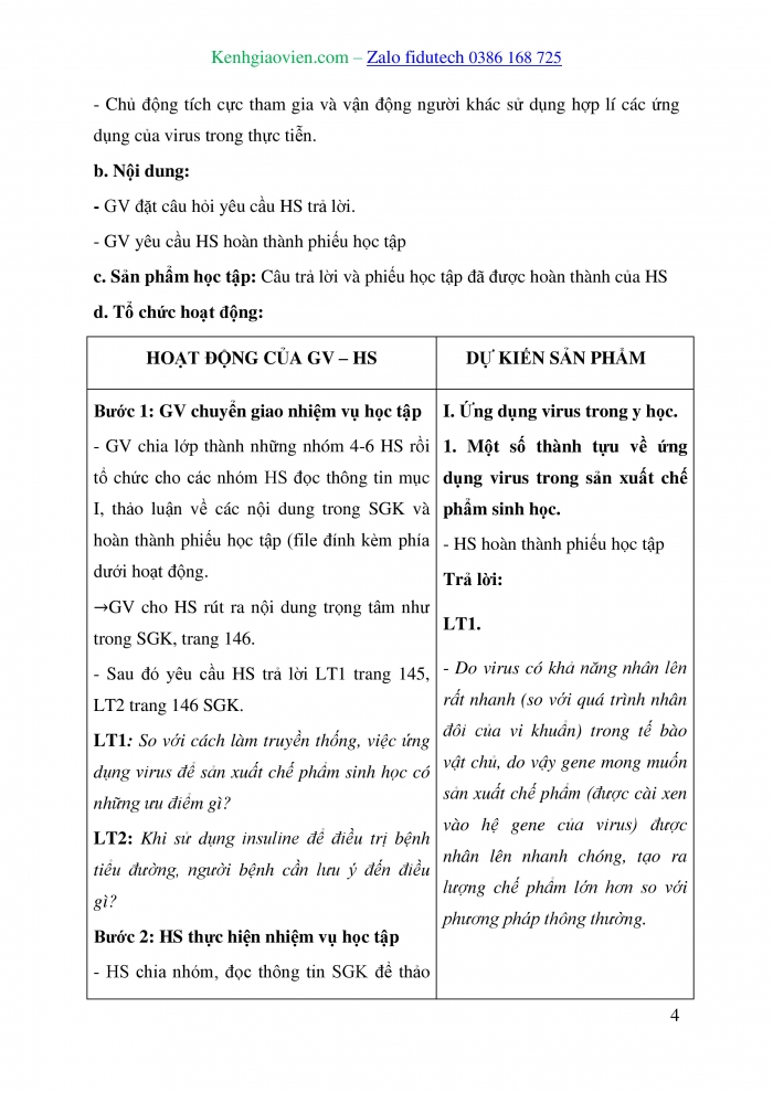 Giáo án và PPT Sinh học 10 chân trời Bài 30: Ứng dụng của virus trong y học và thực tiễn