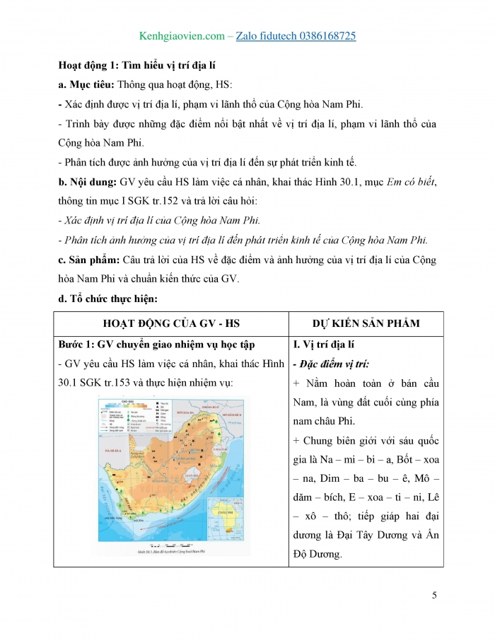 Giáo án và PPT Địa lí 11 kết nối Bài 30: Vị trí địa lí, điều kiện tự nhiên, dân cư và xã hội Cộng hòa Nam Phi