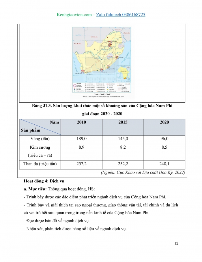 Giáo án và PPT Địa lí 11 kết nối Bài 31: Kinh tế Cộng hòa Nam Phi