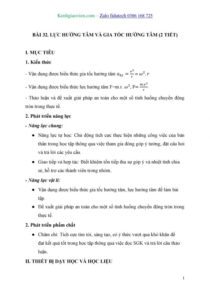 Giáo án và PPT Vật lí 10 kết nối Bài 32: Lực hướng tâm và gia tốc hướng tâm