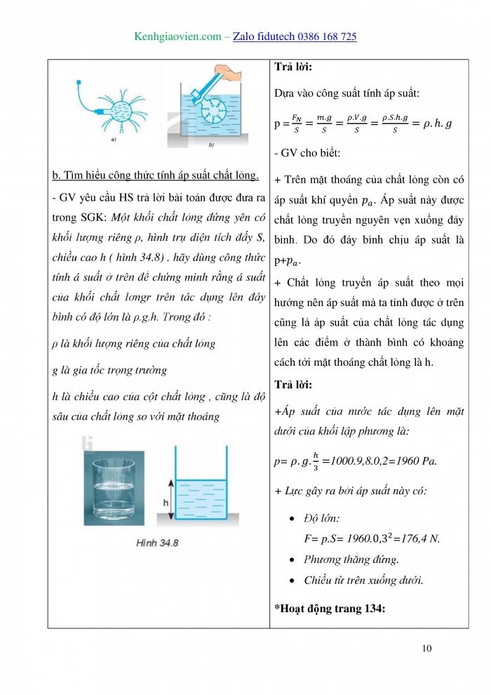 Giáo án và PPT Vật lí 10 kết nối Bài 34: Khối lượng riêng. Áp suất chất lỏng