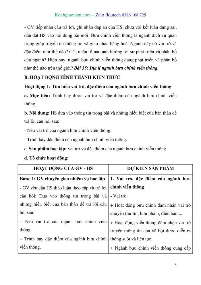 Giáo án và PPT Địa lí 10 chân trời Bài 35: Địa lí ngành bưu chính viễn thông