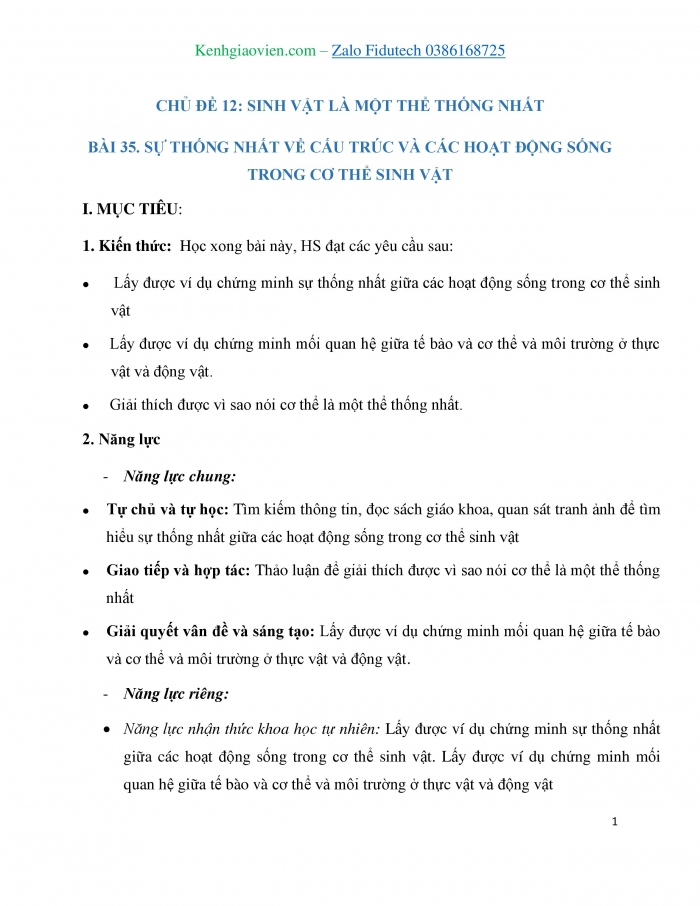 Giáo án và PPT KHTN 7 cánh diều Bài 35: Sự thống nhất về cấu trúc và các hoạt động sống trong cơ thể sinh vật