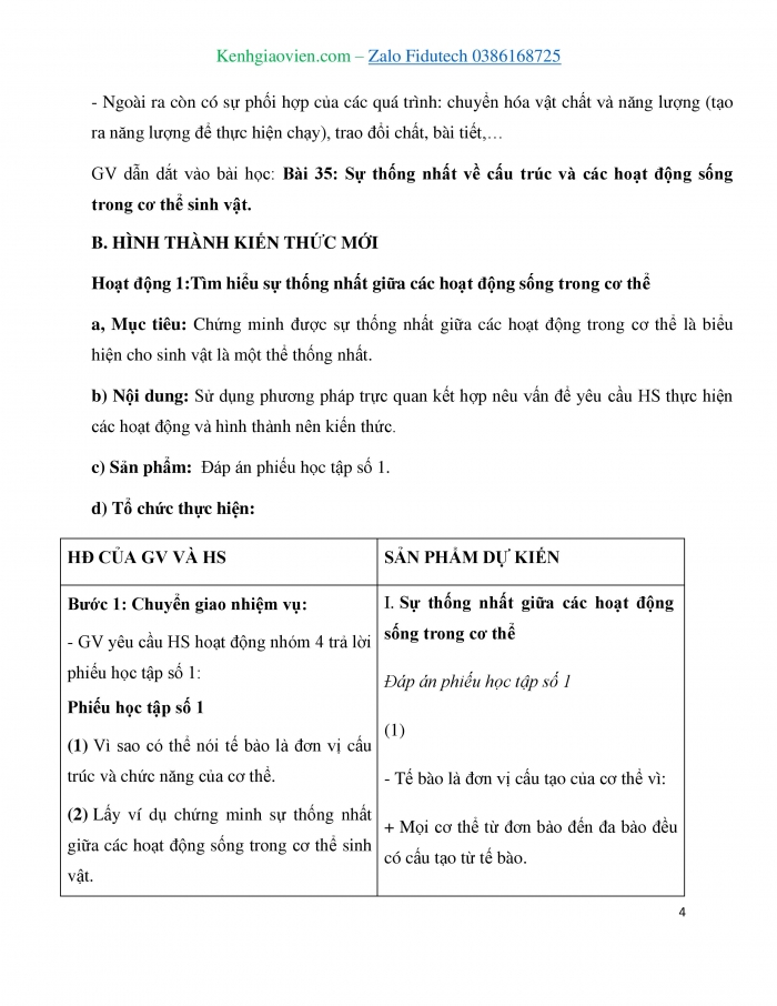 Giáo án và PPT KHTN 7 cánh diều Bài 35: Sự thống nhất về cấu trúc và các hoạt động sống trong cơ thể sinh vật