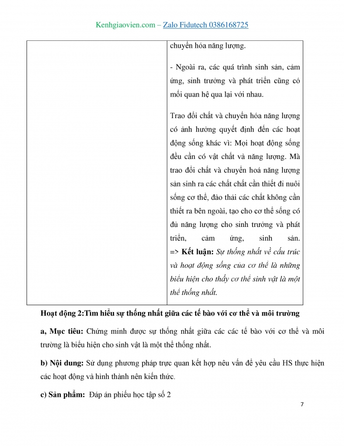 Giáo án và PPT KHTN 7 cánh diều Bài 35: Sự thống nhất về cấu trúc và các hoạt động sống trong cơ thể sinh vật