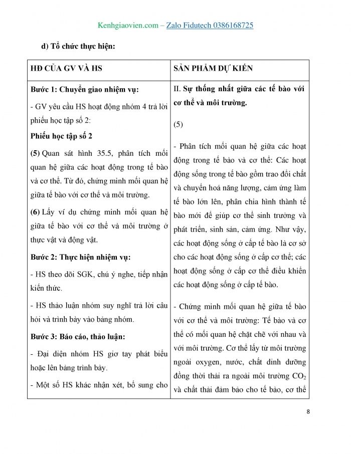 Giáo án và PPT KHTN 7 cánh diều Bài 35: Sự thống nhất về cấu trúc và các hoạt động sống trong cơ thể sinh vật