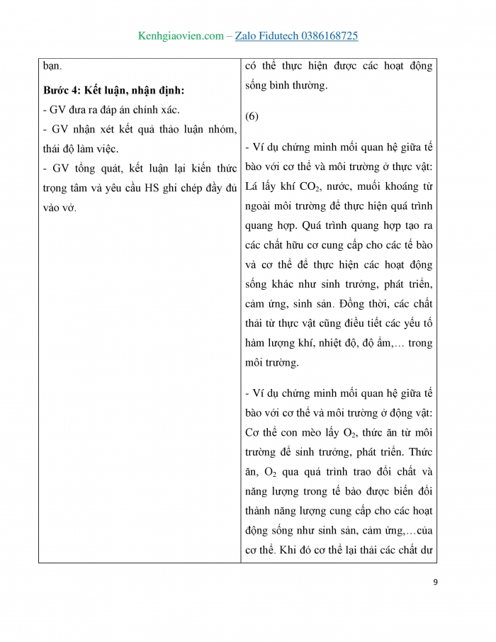 Giáo án và PPT KHTN 7 cánh diều Bài 35: Sự thống nhất về cấu trúc và các hoạt động sống trong cơ thể sinh vật