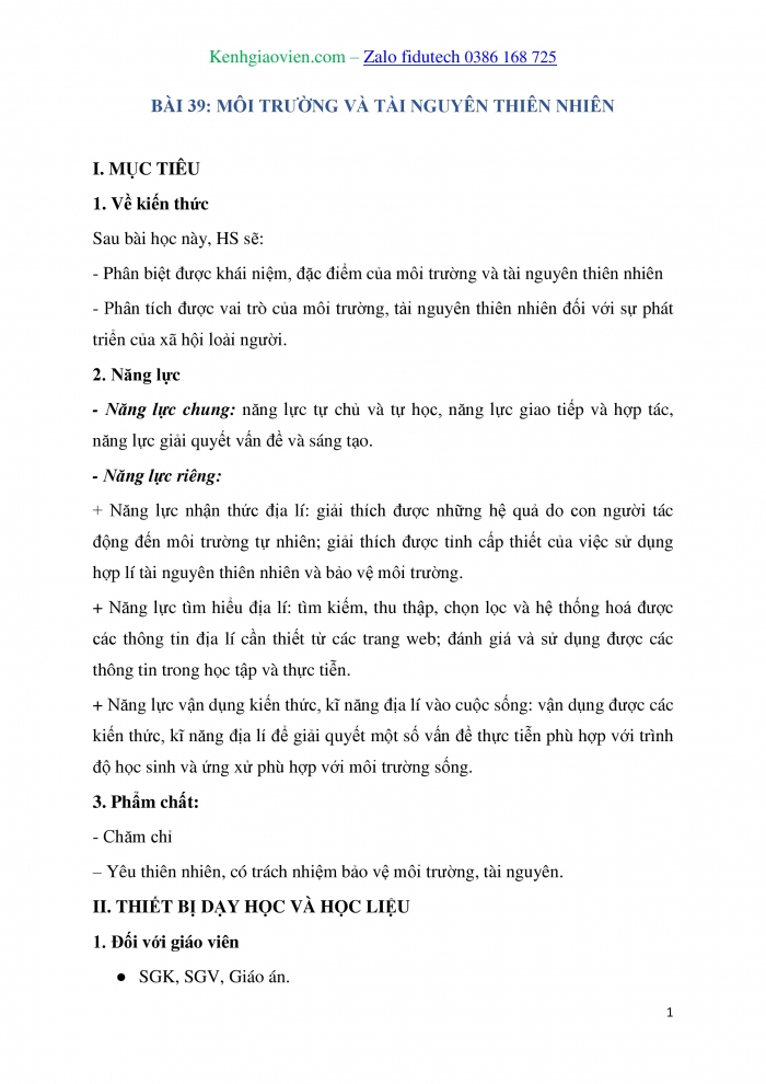 Giáo án và PPT Địa lí 10 kết nối Bài 39: Môi trường và tài nguyên thiên nhiên