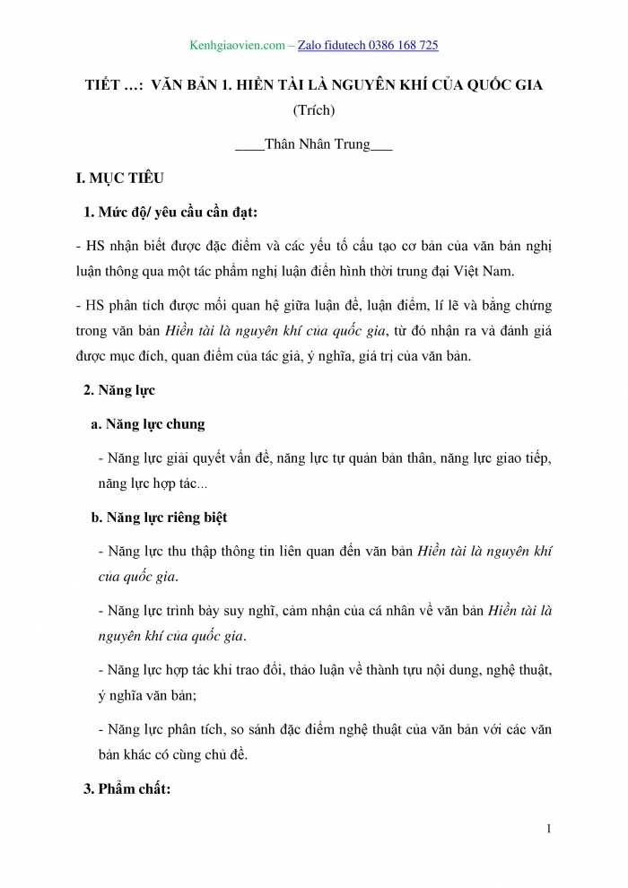 Giáo án và PPT Ngữ văn 10 kết nối Bài 3: Hiền tài là nguyên khí của quốc gia (Trích – Thân Nhân Trung)