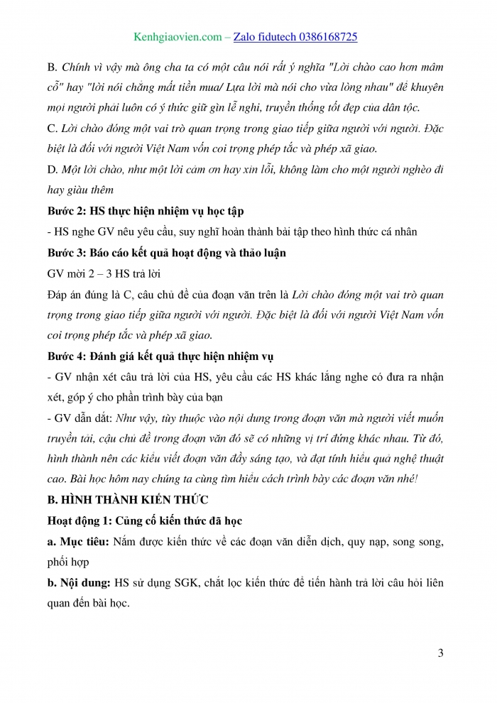 Giáo án và PPT Ngữ văn 8 cánh diều Bài 3: Các đoạn văn diễn dịch, quy nạp, song song, phối hợp