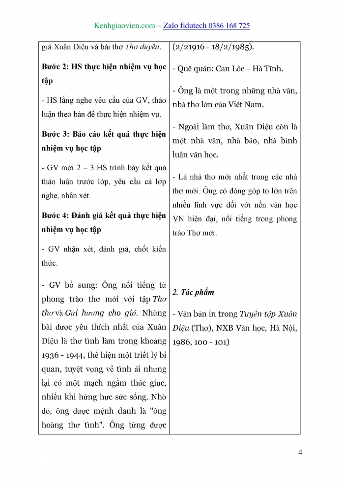 Giáo án và PPT Ngữ văn 10 chân trời Bài 3: Thơ duyên (Xuân Diệu)